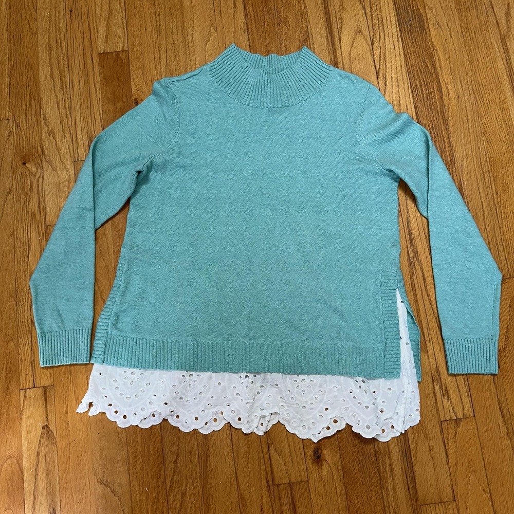 Talbots Sweater‎ S Blue Mock Neck Eyelet Hem Pullover Lagenlook Layered Coastal